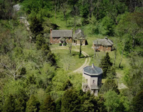 Aerial photo of the Warwick Compound showing the Warwick Tower, the Tea Room, and the Moses Jones House.
